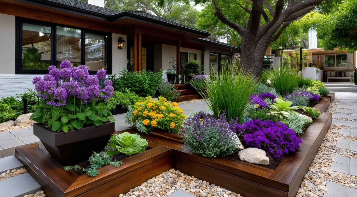 Custom landscape design with colorful flowers and raised beds